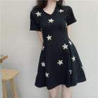 Short-sleeve Sequined Star A-line Mini Dress Black - One Size