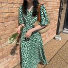 Short-sleeve Patterned Midi A-line Dress White Pattern - Green - One Size