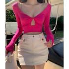 Long-sleeve V-neck Plain Cutout Slim-fit Top / High-waist Mini Skirt