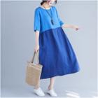 Color Block Elbow-sleeve Midi A-line Dress Blue - One Size
