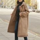 Buckled-neck Fuax-shearling Coat Beige - One Size