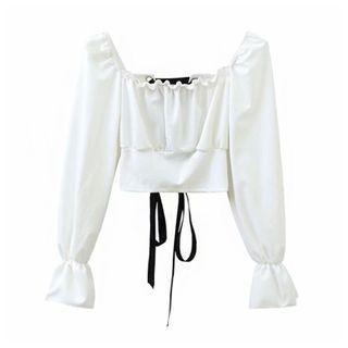 Lace-up Back Long-sleeve Cropped Blouse