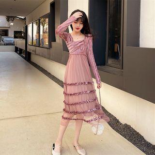 Long-sleeve Velvet Panel Ruffled A-line Mesh Dress