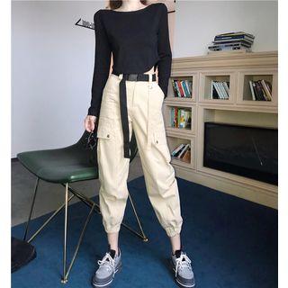 Crop T-shirt / High-waist Jogger Pants With Belt