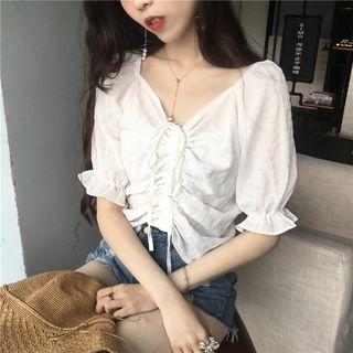 Drawstring Short-sleeve Chiffon Blouse