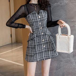 Mesh Panel Long-sleeve Tweed Mini A-line Dress