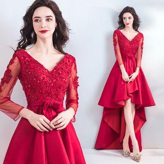 3/4-sleeve Sequined Embroidery Dip-back Evening Gown