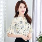 Floral Print Frilled Short-sleeve Chiffon Top