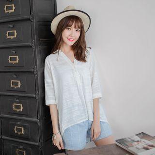 Elbow-sleeeve V-neck Blouse
