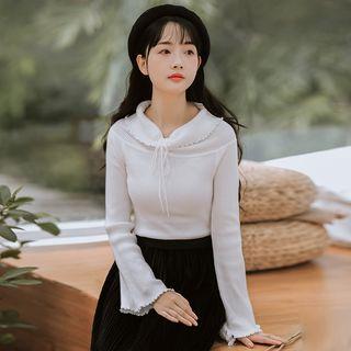 Tie-neck Long Bell-sleeve Knit Top