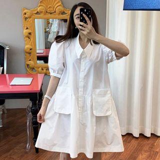 Short-sleeve Plain Shirt Dress White - One Size