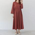 Long-sleeve Drawstring Midi A-line Dress Wine Red - One Size