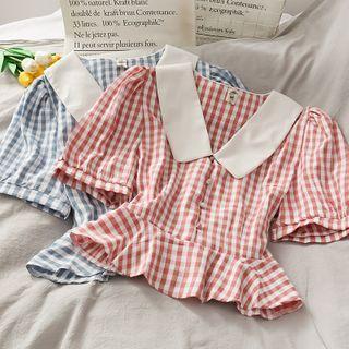 Ruffled-hem Checker Crop Blouse