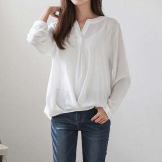 Half-placket Bubble-hem Chiffon Blouse