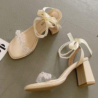 Block Heel Faux Pearl Beaded Pvc Strap Ankle Strap Sandals