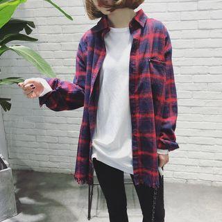 Plaid Fringed Long-sleeve Blouse