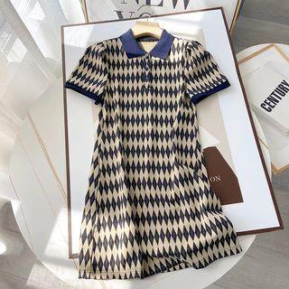 Elbow-sleeve Polo-neck Argyle Knit A-line Dress