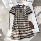 Elbow-sleeve Polo-neck Argyle Knit A-line Dress