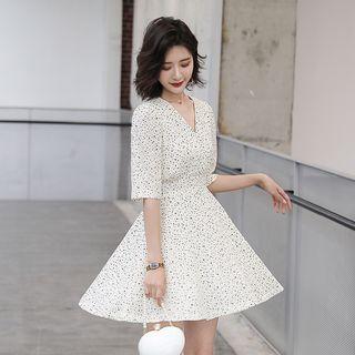 Dotted Elbow-sleeve A-line Mini Dress