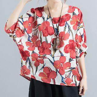 Printed Elbow-sleeve Linen Top