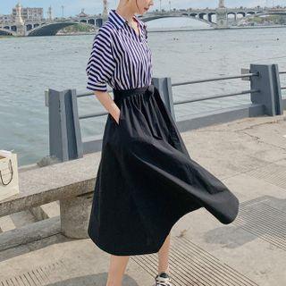 Short-sleeve Striped Midi A-line Shirtdress