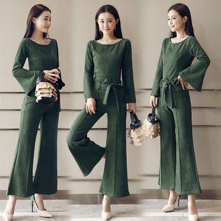 Set : Faux Suede Long-sleeve Top + Boot-cut Pants