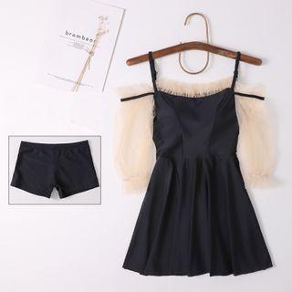 Swim Set: Elbow-sleeve Mesh Panel Swimsuit + Bottom