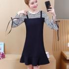 Bell-sleeve Striped Panel A-line Dress