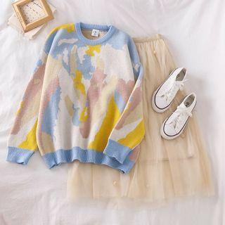 Color-block Sweater / Mesh Midi Skirt