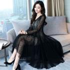 Set: V-neck Mesh Long-sleeve Dress + Plain Slipdress