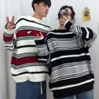 Couple Matching Bear Embroidered Striped Sweater