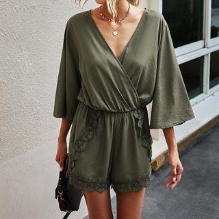 3/4-sleeve V-neck Lace Trim Romper