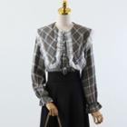 Long-sleeve Wide Collar Plaid Lace Trim Blouse / Midi A-line Skirt