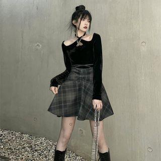 Cold-shoulder Velvet Top / Plaid A-line Skirt