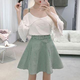 Set: Off Shoulder Elbow-sleeve Blouse + A-line Skirt