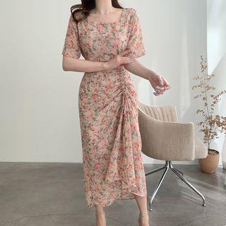 Floral Short-sleeve Square-neck Drawstring Midi A-line Dress