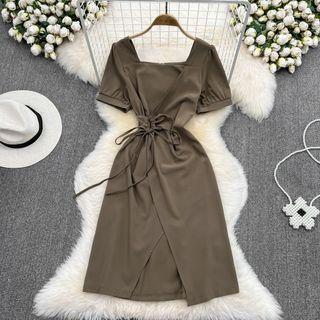 Short Sleeve Square Neck Lace Up Slit Dress