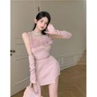 Set: Spaghetti Strap Fluffy Trim Knit Mini Sheath Dress + Arm Sleeves Set Of 2 - Strap Dress & Arm Sleeves - Pink - One Size