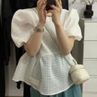 Puff-sleeve Plaid Top White - One Size