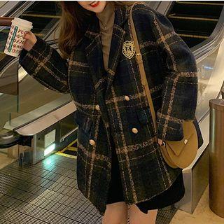 Double-breasted Plaid Blazer / Long-sleeve Turtle-neck T-shirt / Corduroy Mini Skirt