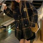 Double-breasted Plaid Blazer / Long-sleeve Turtle-neck T-shirt / Corduroy Mini Skirt