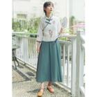 Set: Flower Embroidered Long-sleeve Qipao Top + A-line Midi Skirt