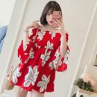 Flower Print Off-shoulder Bell-sleeve Chiffon Top