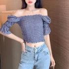 Off-shoulder Elbow-sleeve Check Blouse