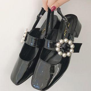 Block Heel Faux Pearl Slingback Mules