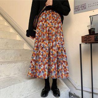 Dotted Midi A-line Skirt Dots - Tangerine & Gray - One Size