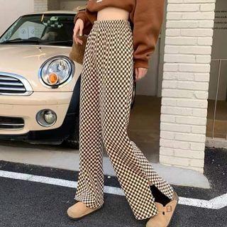 Checkered Slit-hem Wide Leg Pants