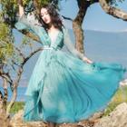 Mesh Panel Long-sleeve Layered Maxi A-line Dress