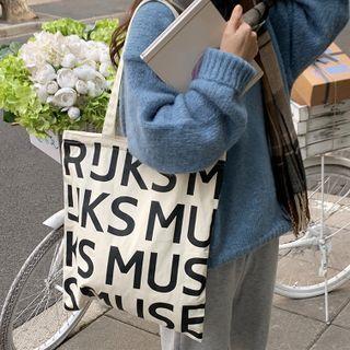 Lettering Print Tote Bag Off-white & Black - One Size