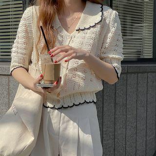 Short-sleeve Contrast Trim Perforated Knit Top Off-white - One Size